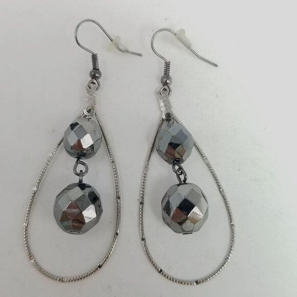 Vintage Sparkly Beaded Drop Shape Dangle Earrings, Silver Tone, Long Size - Picture 2 of 5